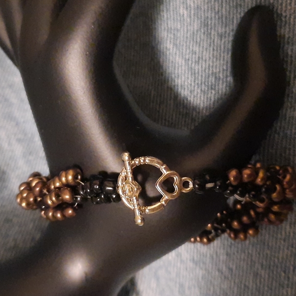 Brown & Black Beaded Gold Tone Heart Accented Toggle Bracelet "Look" - Picture 4 of 4